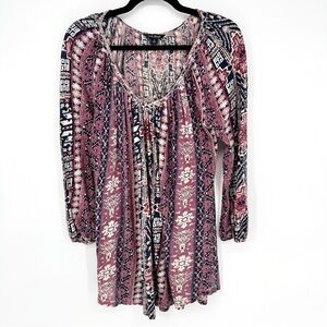 Lucky Brand V Neck Embroidered Smocked Peasant Tunic Top Boho Tribal Y2K Small